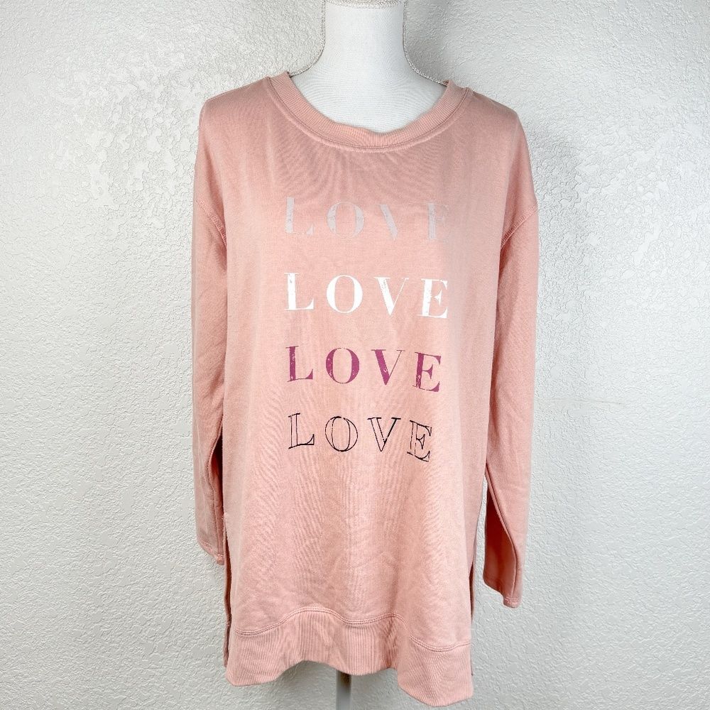 C&C California Pink Love Graphic Print Fleece Side Slit Long Sleeve Sweater XL